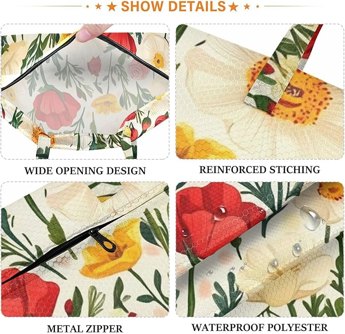 Travel Laundry Bags 2 PC Wet Dry Bag with Handle Dirty Clothes Organizer for Swimsuits Beach Camping Waterproof Washable Poppy and Roses Flowers Bushes