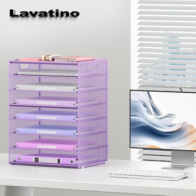 Lavatino 8-Tier Office Desk File Organizer, Letter Tray Paper Organizer with Handle, Including 5 Adjustable Slide Trays for Organizing Desktop Workspace Accessories and Supplies (Purple Metal Mesh)