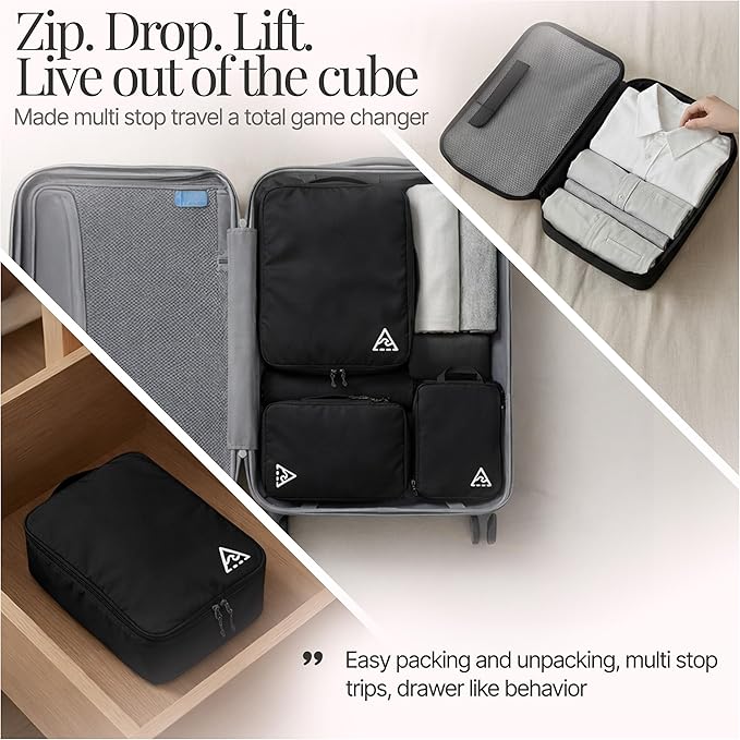 Well Traveled 8 pcs Compression Packing Bags Cubes Set with HybridMax Double-Capacity Design - Packing Cubes for Travel Compression to Maximize Limited Luggage Space, Black