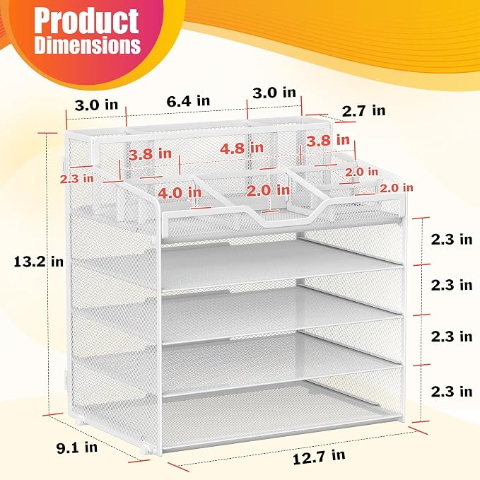 Docnest 5 Tier Mesh Desk Organizer for Paper Office Supplies – Multi-Functional Letter Tray with 5 Adjustable Compartments, 3 Pen Holders, Desktop Storage for Files, Mail, Stationery – White