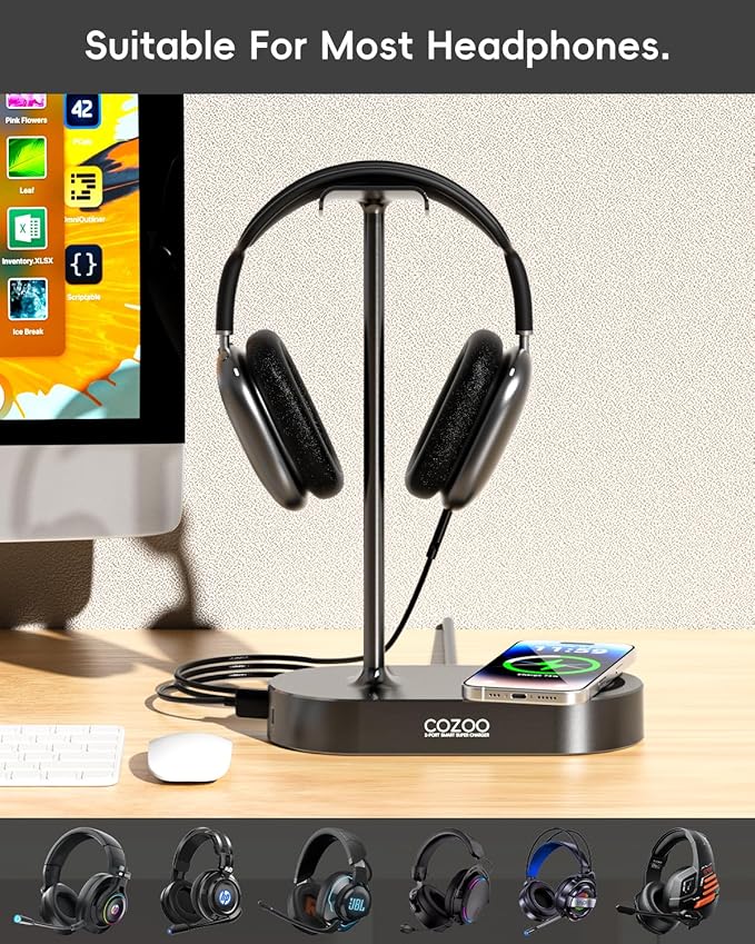 cozoo 15W Wireless Charging Headphone Stand with USB & Type-C Ports, Desktop Gaming Headset Holder, Cool Gaming Accessories & Tech Gifts for Men Teen Boys,Gamer Gifts, for Boyfriend and Teens