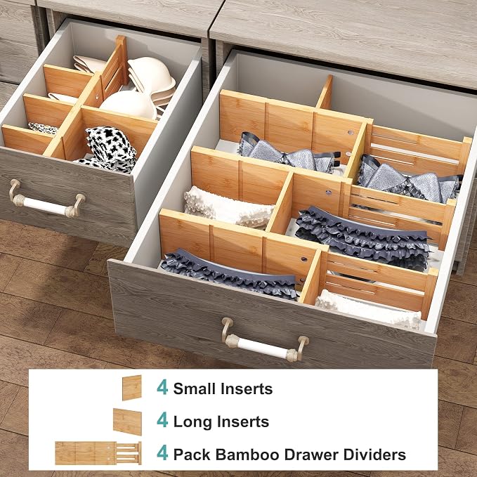 4.4" High Drawer Dividers with Inserts, Bamboo Drawer Dividers for Clothes, Expandable from 12-17.5", Adjustable drawer organizer for Bedroom, Kitchen & Office, 4 Dividers with 8 Insert.