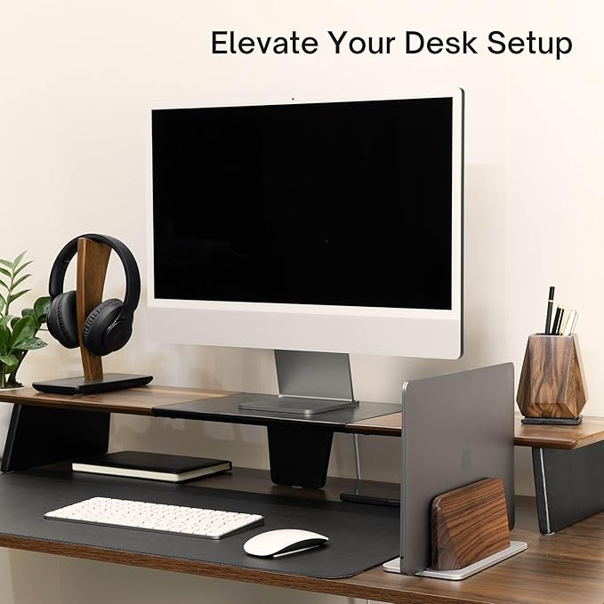 Vertical Laptop Stand, Solid Black Walnut Body & Silver Anodized Aluminum Base, Metal Laptop Holder Vertical for Desk - Adjustable Dock (0.47"-1.57" Width) Fits Most Laptops, MacBooks