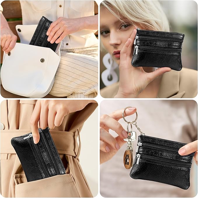 Chelmon 2 Pack Coin Purse Pouch Change Card Holder Small Wallet with Keychain for Women and Men (Black & Black)