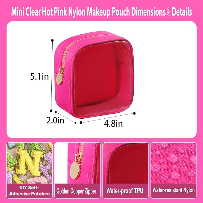 Travel Essentials Makeup Bag for Women Water-resistant Toiletry Organizer Nylon Cosmetic Pouch Preppy Stuff Clear (S,HotPinkClear)