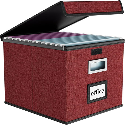 File Organizer Box with Lid, Collapsible File Folder Organizer for Office Document Storage, Filing Box with Plastic Slide for Letter Size Hanging File Folders(1 Pack, Dark Red)