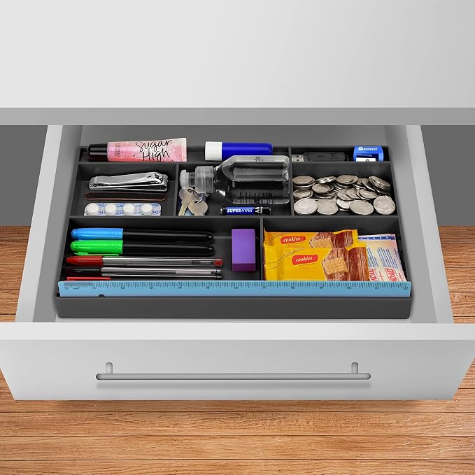 Acrimet Desk Drawer Organizer Tray with 8 compartments Bin Multi-Purpose for Desk Supplies and Accessories (Plastic) (Black Color) | 12" Ruler Special Divider Organizes Pens, Pencils, Stationery Accessories