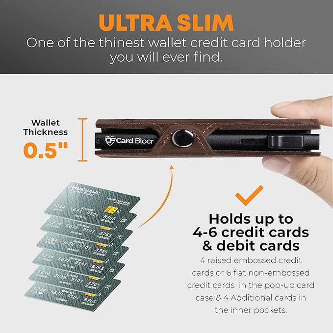 Conceal Plus Card Blocr Pop Up Wallet for Men - Slim Metal RFID Blocking Card Holder (4-6 Cards Ejector) - Minimalist Smart Front Pocket Wallet with Internal Cash + ID Storage
