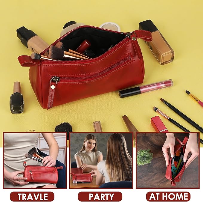 Leather Makeup Bag for Women – Genuine Leather Cosmetic Bag Travel, Handmade Zippered Makeup Pouch, Small Toiletry Bag, Shaving Kit & Stationery Organizer- Red