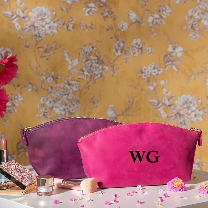 Blade Premium Personalized Genuine Leather Cosmetic Makeup Bag - Wedding Gift for Bridesmaid, Travel Organizer Clutch for Women with Zipper Pouch for Toiletry Essentials (Fuchsia)