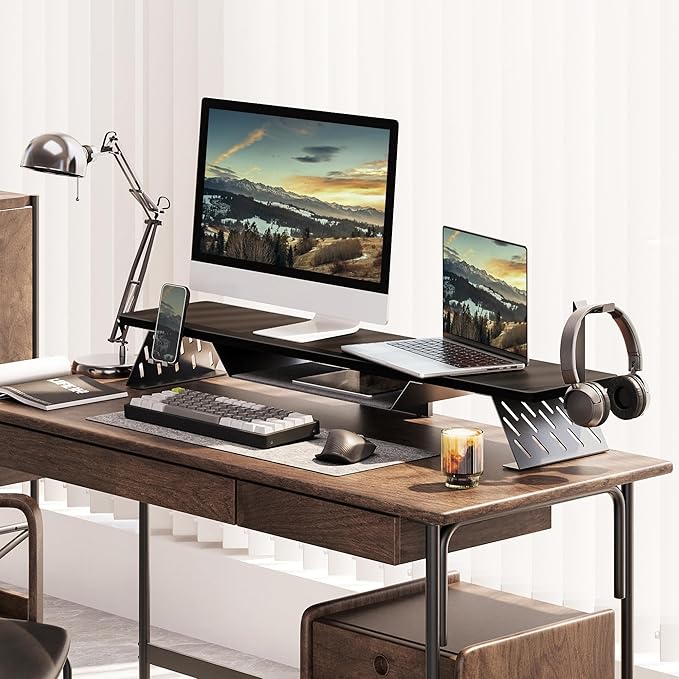 Fenge Dual Monitor Stand, 42.5 Inch Monitor Riser for Desk, Wood Desk Shelf for 2 Monitors, 2 Tier Monitor Shelf with Headphone Stand & Phone Holder