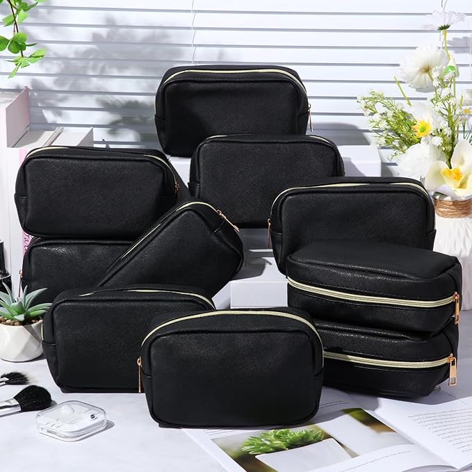Sweetude 10 Pcs Makeup Bag Bulk for Women Preppy Gift PU Leather Cosmetic Bag Small Skincare Toiletry Pouch Mother Travel Cosmetic Pouch for Bridesmaid Bride Wedding Gift Favors (Black)