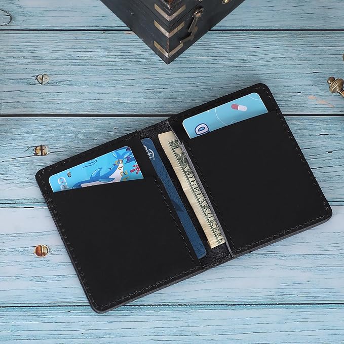 Genuine Leather Bifold Card Holder Wallet for Men & Women – Slim Minimalist Front Pocket Credit Card Wallet, Compact Leather Credit Card Case for Travel & Everyday Carry- Black