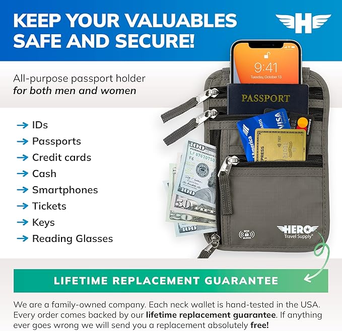 HERO Neck Wallet - RFID Blocking Passport Holder, Easy to Conceal and Pouch (Army Grey)