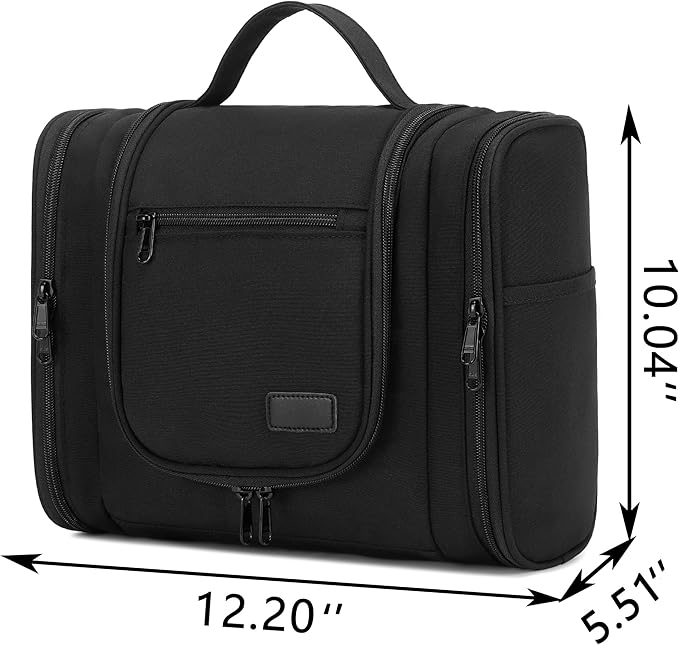 Hanging Travel Toiletry Bag for Men and Women with Metal Swivel Hook, Large Travel Makeup Organizer for Full Sized Cosmetics and Toiletries, Water-Resistant Bathroom Toiletery Bags, Black