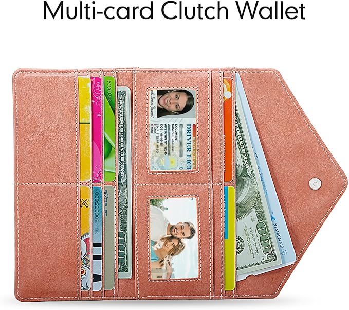 Women's Card Wallet Envelope Style Credit Card Holder, RFID Blocking, Vegan Leather, Coin Pocket, 2 ID Windows, Bean Pink