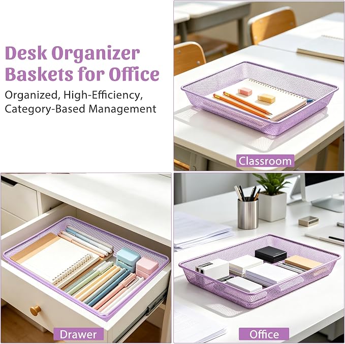 Office Metal Mesh Basket for Desk, Single Paper Tray Organizer, Turn in Trays Classroom, Flat Mail Letter Storage Basket for Office Home Drawers School (1, Purple)
