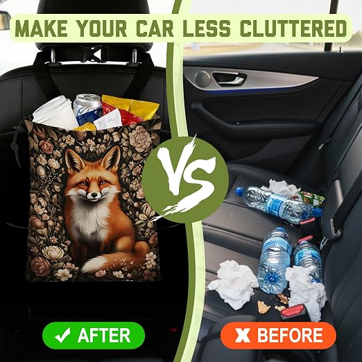 Car Garbage Bag Vintage Floral Fox Drawstring Car Trash Bag Hanging for Back Seat with Adjustable Buckle Canvas Vehicle Trash Can Easy-to-Install for Car Accessories Vehicle Travelling Camping