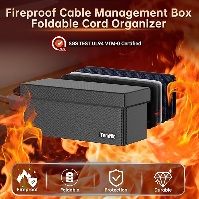 Tamfile Cable Management Box, Fireproof Foldable Cord Organizer and Cover, Heat Resistant Large Power Strip Organizer for TV Wires, Computer and USB Hub with Cable Clips & Reusable Cable Ties (Black)