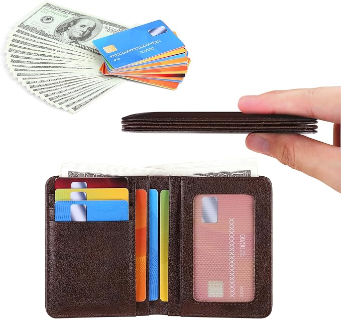 Bifold Slim Men Wallet Genuine Leather Thin, Small Vertical RFID Blocking Wallets for Men ，Compact & Stylish with Clear ID Windows (Coffee)