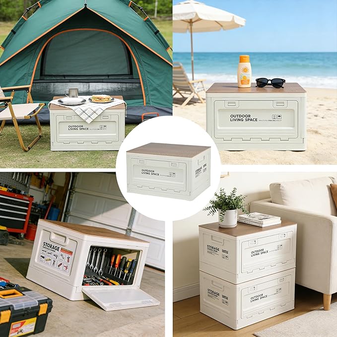 【3-Side Opening 50L Storage Bins with Lids，Portable Foldable Storage Box ，Plastic Stackable Storage Bin for Camp Car RV, Office (White)