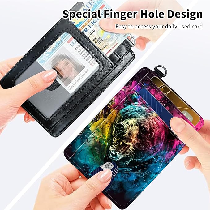 Slim Minimalist Front Pocket Wallet,Credit Card Holder Wallet for Women Men,RFID Blocking Credit Card Holder Case Leather Cute Small Thin Wallet ID Window&Wrist Strap,Colorful Bear