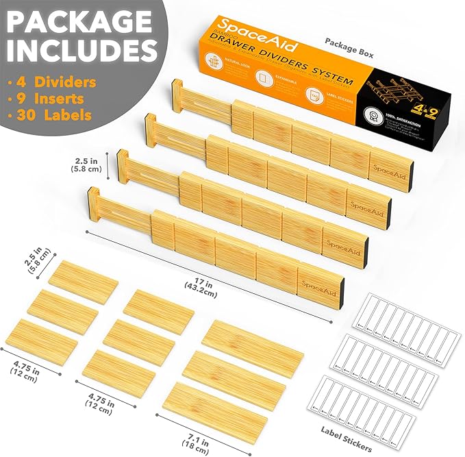 SpaceAid Bamboo 13.25-17??Drawer Dividers (Need 2.35" Deep Drawer) Kitchen Adjustable Organizers, Expandable Organization for Home, Office, Dressers, 4 Dividers with 9 Inserts