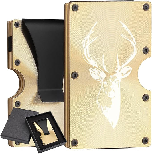 awofer Carbon Fiber Wallets for Men RFID Minimalist Money Clip Aluminum Metal Wallet Engraved Deer Husband Dad Son Gifts Ideas for Him-Gold