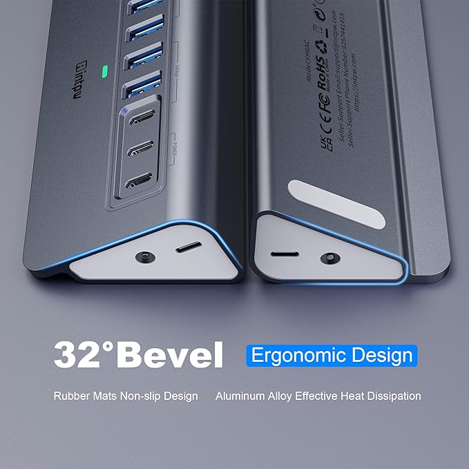 Powered USB Hub 10Gbps, intpw YH6AC 9-Port USB Splitter with USB A/USB C 3.2, 4 USB 3.0, 2 PD 45W Charging Ports, 65W Power Adapter + 3.3FT Cable, Aluminum USB Extender Hub for Laptop, PC,iPhone 17/16