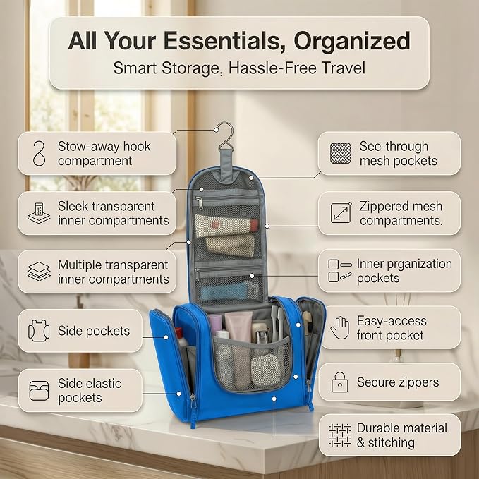 Bago Travel Toiletry Bag for Women and Men X-Large Waterproof Hanging Large Toiletry Bag for Bathroom and Travel Bag for Toiletries Organizer -Travel Makeup Bag (Blue)