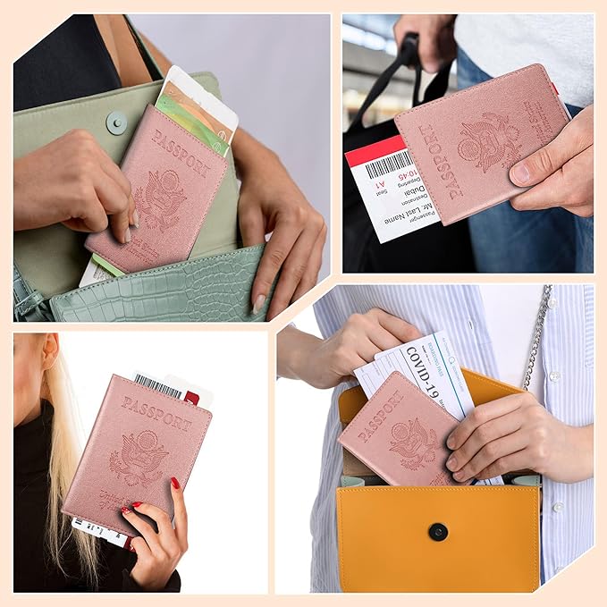 Passport Holder for Travel Men Women - Passport Cover, Passport Wallet Case Travel Essentials Travel Must Haves Accessories Blocking Leather Card Slot Protector for Stocking Stuffers Gifts, Rose Pink
