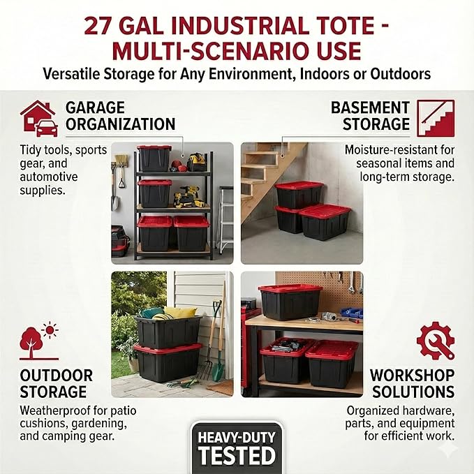 27 Gal Industrial Tote,2 Pack Plastic Storage Bins with Lids Tough Large Storage Bin,Black with Red Lid Plastic Storage,Stackable & Nestable for Garage, Basement, or Outdoor (2 Pack)