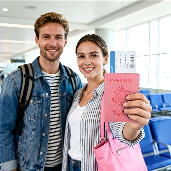 Passport Holder for Travel Men Women - Passport Cover, Passport Wallet Case Travel Essentials Travel Must Haves Accessories Blocking Leather Card Slot Protector for Stocking Stuffers Gifts, Pink