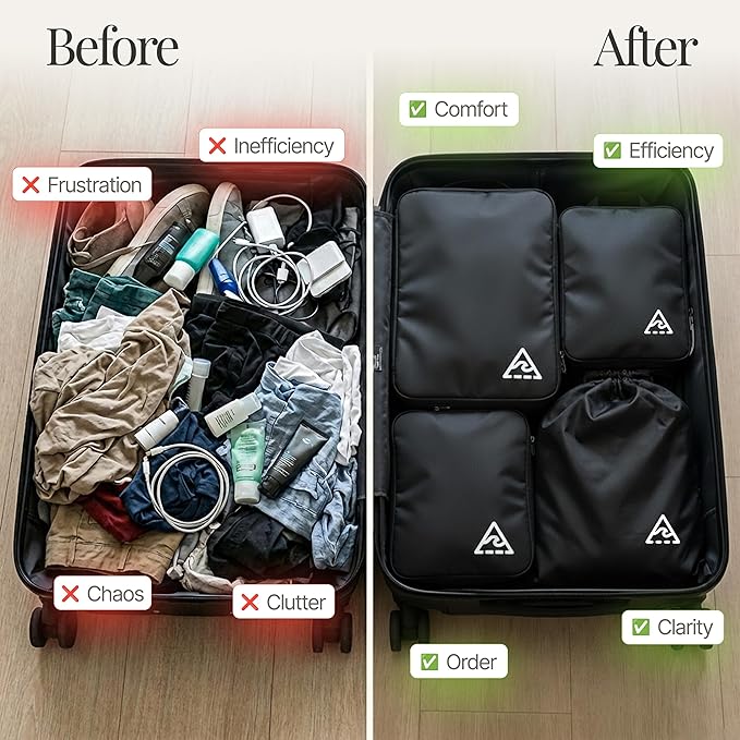 Well Traveled 4 pcs Compression Packing Bags Cubes Set with HybridMax Double-Capacity Design - Packing Cubes for Travel Compression to Maximize Limited Luggage Space, Black