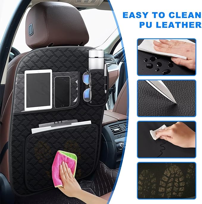 Back Seat Protector 2 Pack Fit For Honda CR-V Car Kick Mats with Touch Screen Tablet Holder Storage Organizer Waterproof Dirt Proof Faux Leather Auto Accessories for Kids (1 Pair Black)