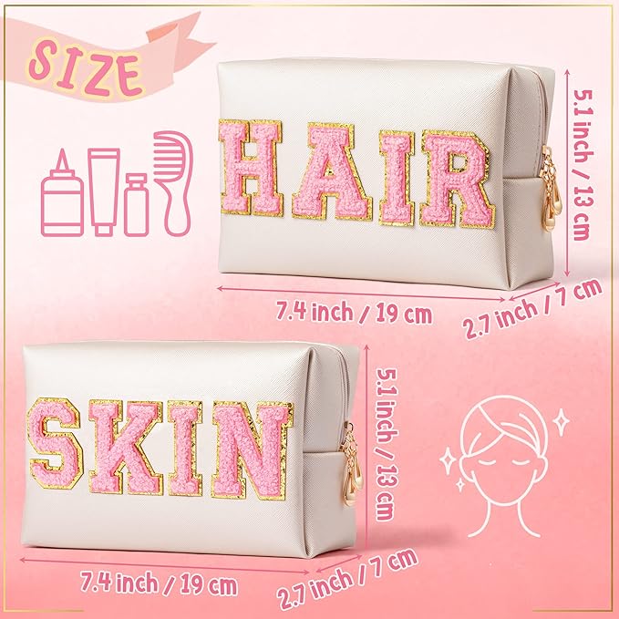 Y1tvei 2Pcs Preppy Patch SKIN HAIR Varsity Letter Cosmetic Toiletry Bag Pink Letter Makeup Bag Zipper Pouch Storage Portable Purse Waterproof Travel Organizer Gift for Women Teen Girls (Shell Gold)