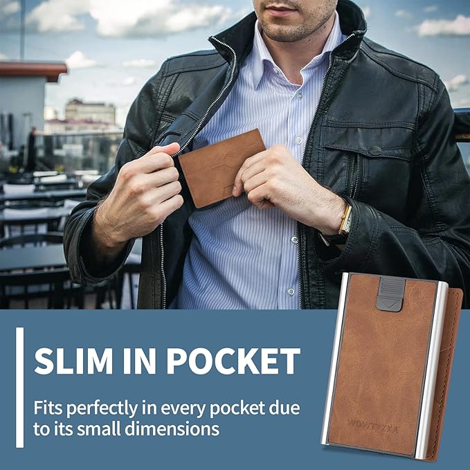 Mens slim Wallet，with RFID Shielding, Holds 9 Cards Easily, card wallet for Men, Minimalist Wallet For Men, Made of aluminum and Pu Synthetic Leather, Includes Cash clip (Brown)