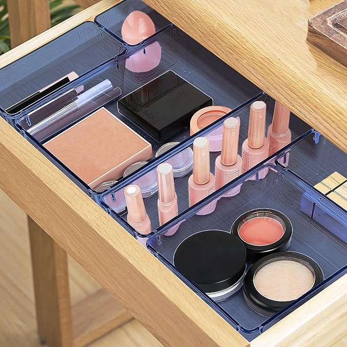 13 PCS Drawer Organizer Set, 5 Varied Size Bathroom and kitchen Drawer cabinet organizer Trays, Clear Storage Bins for Makeup, Jewelry, Utensils and Gadgets, Dark Blue
