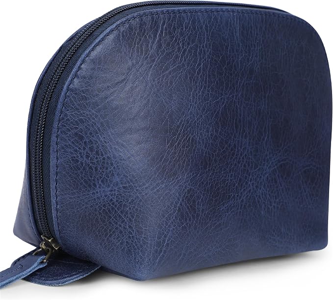 Genuine Leather Toiletry Bag for Men & Women, Navy Blue | Leather Makeup Bag, Travel Dopp Kit Organizer, YKK Zipper, Handmade, 9 x 6 x 4 Inch