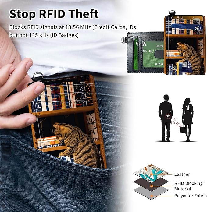 Slim Minimalist Front Pocket Wallet,Credit Card Holder Wallet for Women Men,RFID Blocking Credit Card Holder Case Leather Cute Small Thin Wallet ID Window&Wrist Strap,Bookshelf Cat