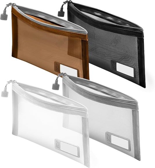 Set & Done Onama Flexi Mesh Zipper Pouch – Durable Clear Nylon Storage Bag with Name Tab for Makeup, Travel, Diaper Bag & Office Organizing