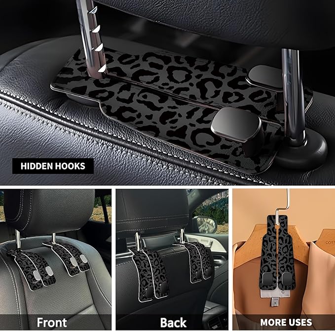 Car Seat Headrest Hook, Universal Leather Cute Hanger Holder Hook, Storage Organizer Interior Accessories for Purse Bags Handbag Luxury Black Leopard