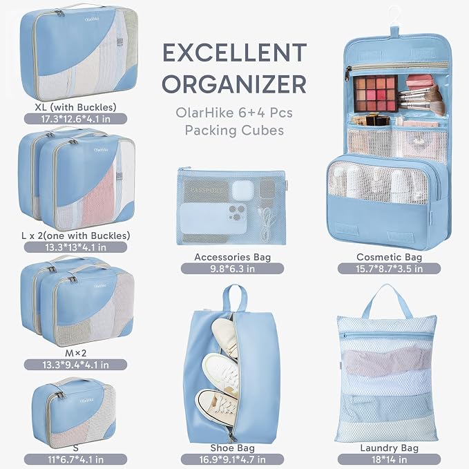 OlarHike 10 Set Packing Cubes for Travel, Gifts for Women Mom,Anti-Tearing Suitcase Organizer with Over-1000 pack Mesh Holes, Vacation Essentials & Accessories for Cruise Ship
