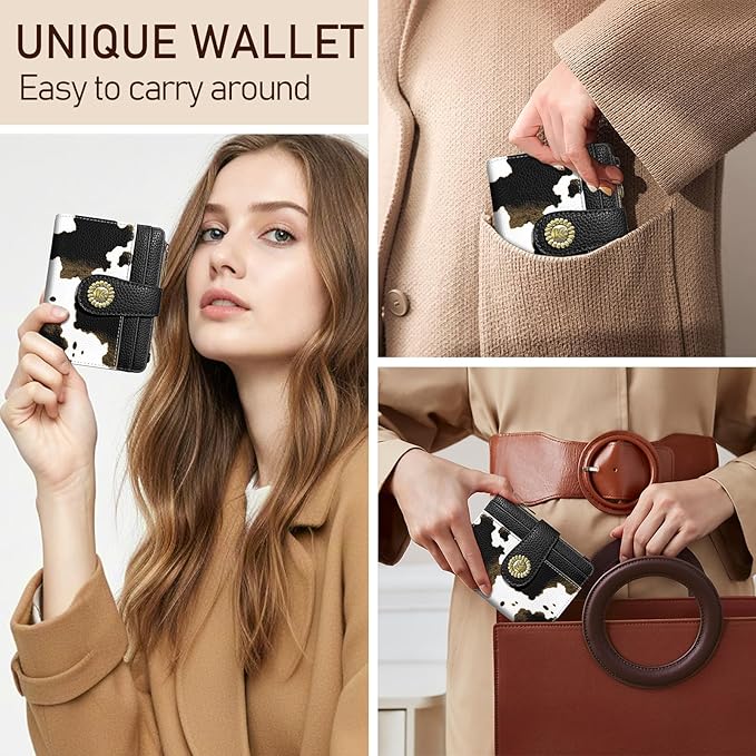 Kelvoris Cow Print Black Small Rfid Women Wallet Bifold Zipper Coin Pocket PU Leather Compact Cash Credit Card Holder Travel Wallet for Female Ladies Teen Girls 1 ID Window 10 Card Slots