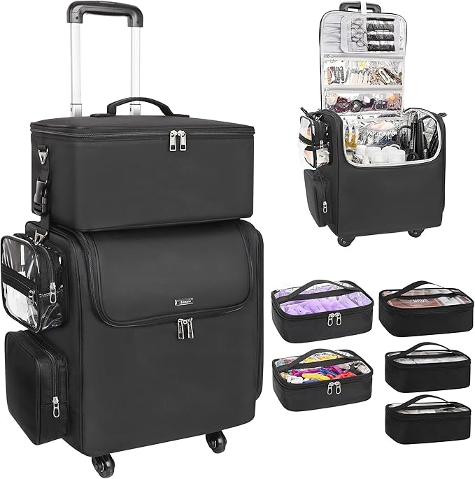Relavel Rolling Makeup Train Case with Large Makeup Case, Hairstylist Traveling Bags with 5 Small Clear Bags, Cosmetology Case on Wheels, Hair Tools and Cosmetics Storage Organizer Trolley Suitcase