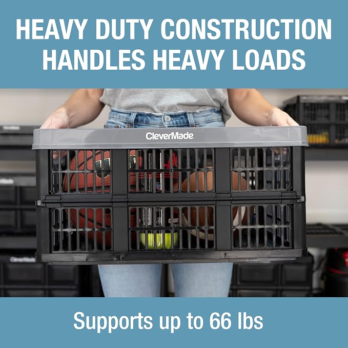 CleverMade Collapsible Utility Crates, Stone, 3-Pack, 45L/11 Gal, 66 lbs Capacity, Stackable, Space-Saving