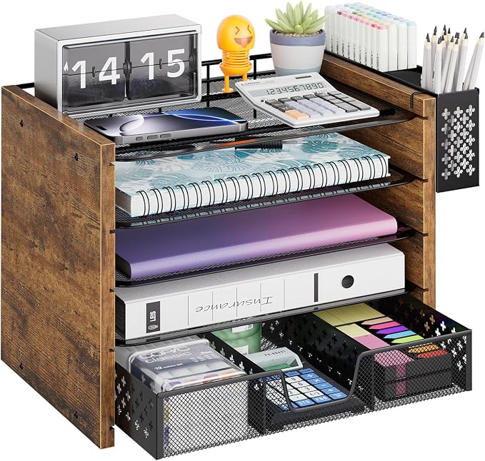 Simple Trending 5-Tier Wood Desk Organizer, Desk Organizers and Accessories with Drawer & Pen Holder for Home Office School