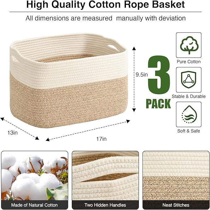 ICERZCZ Large Storage Baskets for Organizing Shelves, Woven Cotton Rope Bins for Baby Nursery Organization, Book Toy Towel Organizer, 17"x13"x9.5", 3 Packs, Off White & Brown