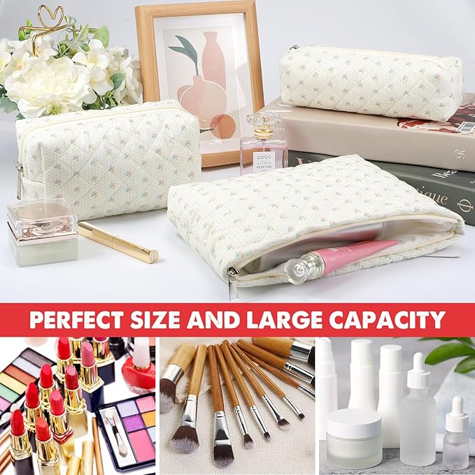 3 Pcs Makeup Bag Cosmetic Bag Set for Girls Women Checkered Travel Organizer Bathroom Toiletry Pouch Large Capacity Storage Bag(Small Flower Blue)