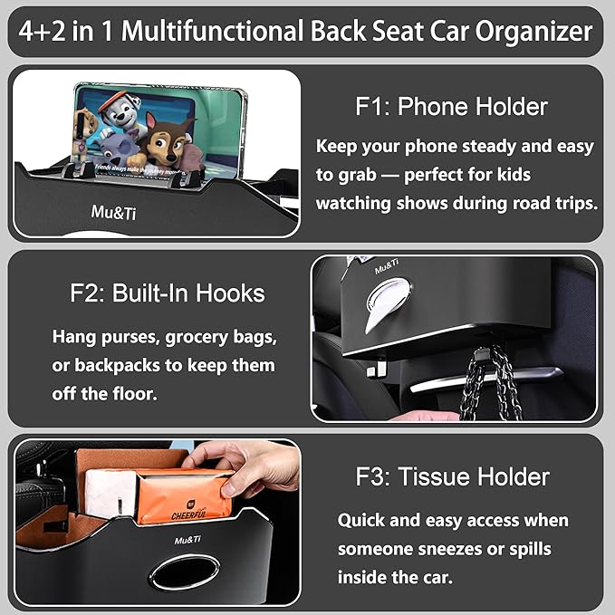 Mu&Ti Back Seat Car Organizer,4+2 in 1 Multifunctional Car Back Seat Storage Box with 2 Cup Holders, Tissue Box and Hook - Ideal for Kids and Travel(Beige)